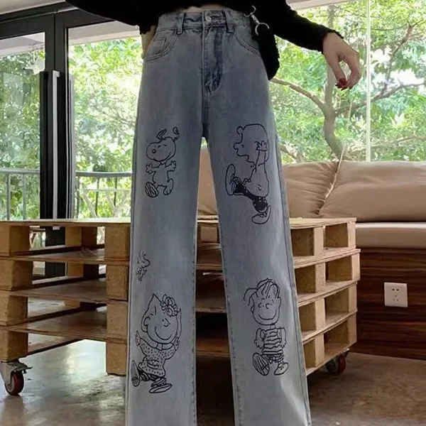 Pop Wide Leg Student Style Women's Jeans Summer High Waist Loose Straight Long Trousers Snoopy Print School Uniform Fashion