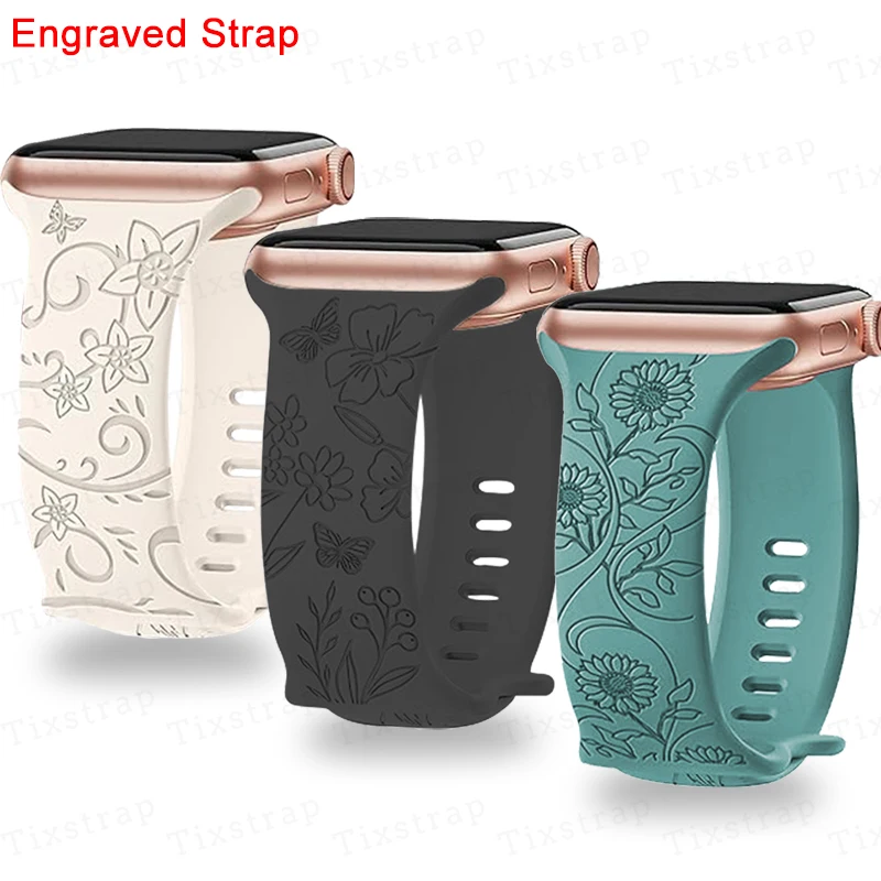 Strap For Apple Watch Band Ultra 2 44mm 42mm 41mm 40mm 45mm 49mm 44 mm Floral Engraved bracelet correa iwatch series 9 7 SE 6 8