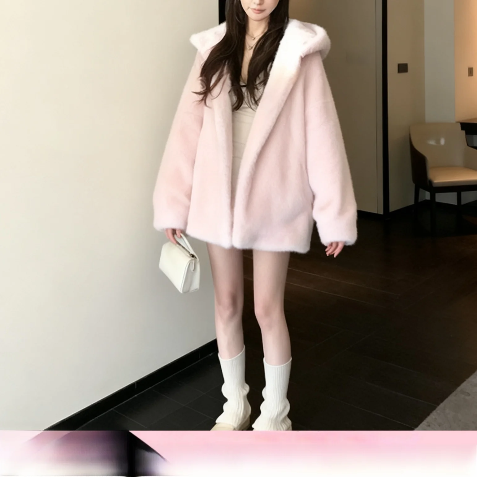 Skk Store Milanese Women's Long Sleeve Coat with Hat Cream Roll Fur Eco-friendly Single Cherry Blossom Pink Color Fur Coat