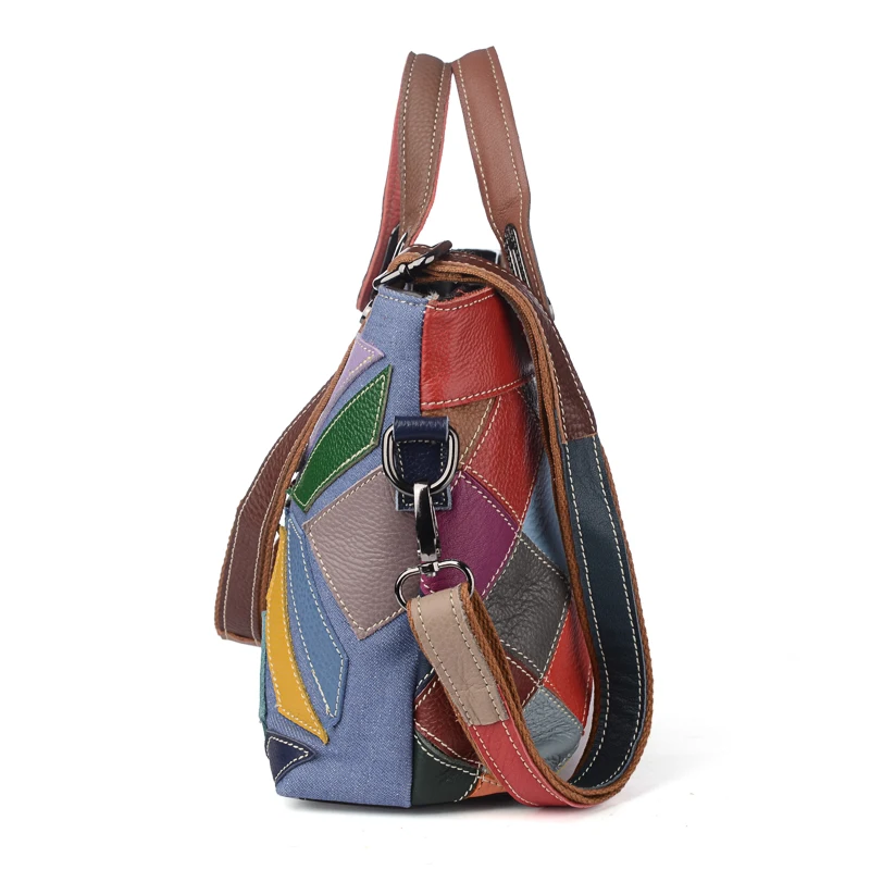 LOMANTINA Women Real Leather Tote Bag Designer Handmade Patchwork Genuine Leather Women Colorful Jean Messenger Handbag Quality