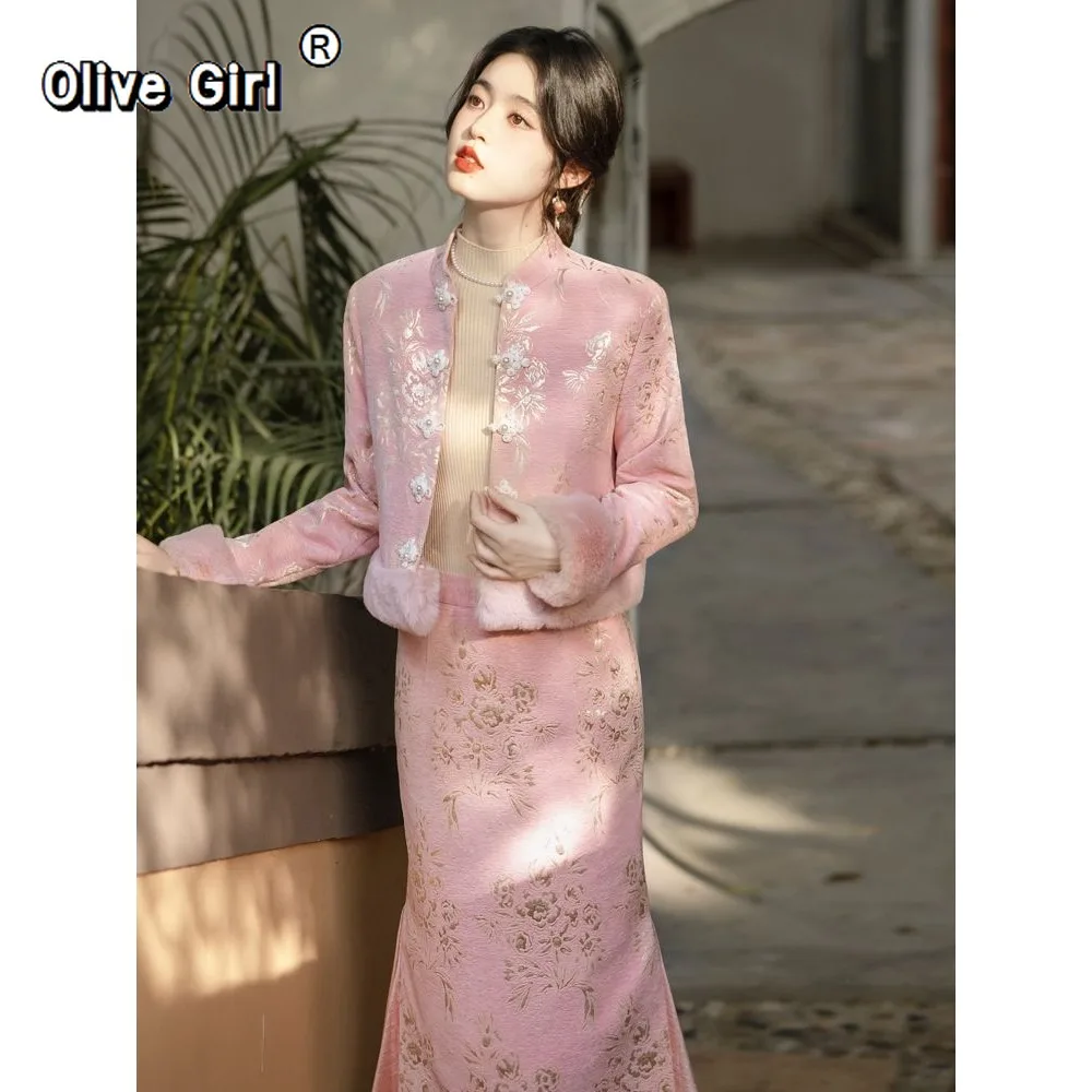 

Китайская традиционная одежда, зимняя розовая куртка с вышивкой, пальто, хлопковая толстая хлопковая куртка Cheongsam, короткая юбка, комплект из двух предметов