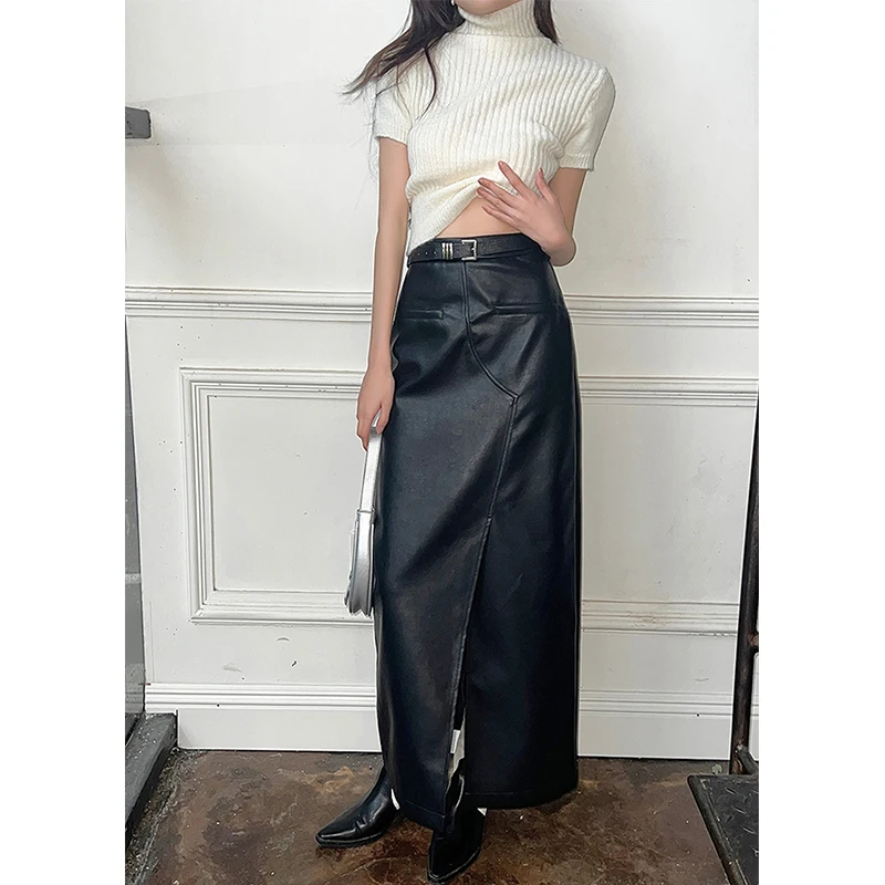 Vintage Pu Leather Midi Skirt Women Streetwear Sexy Slit Black Skirts Y2K 2000S Korean High Waist Split Slim A Line Skirt New