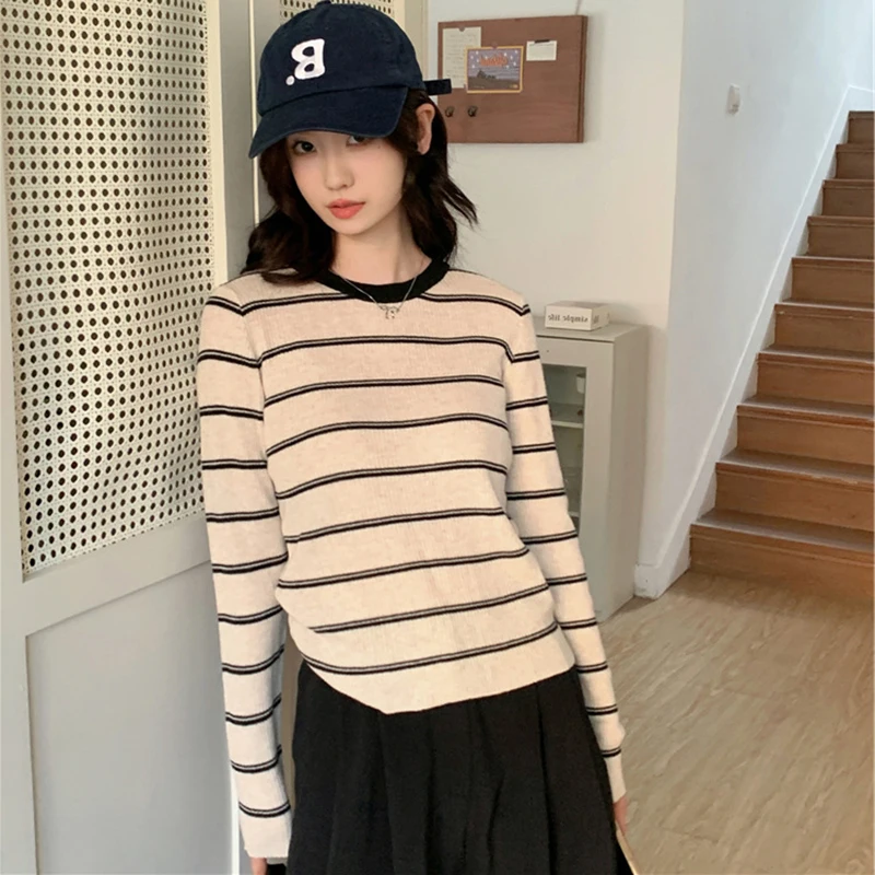 

Y2K корейские полосатые футболки с длинными рукавами женские мягкие эластичные рубашки женские модные контрастные цвета пуловеры с круглым вырезом футболки