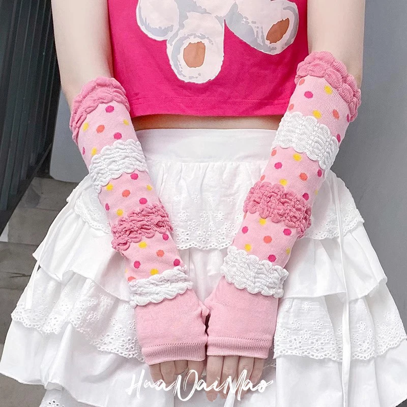 1 Pair Cute Pink Womens Girls Arm Sleeves Y2K Sunscreen Knited Cotton Puff Sleeves Gloves Arm Warmers Hot Girl Lolita Arm Cover