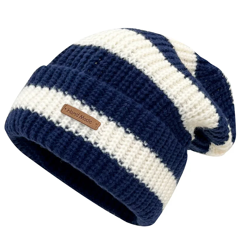 Japanese Vintage Stripe Letter Small Label Stripe Large Edition Woolen Hat Children\'s Warm Autumn and Winter Versatile Knitted P