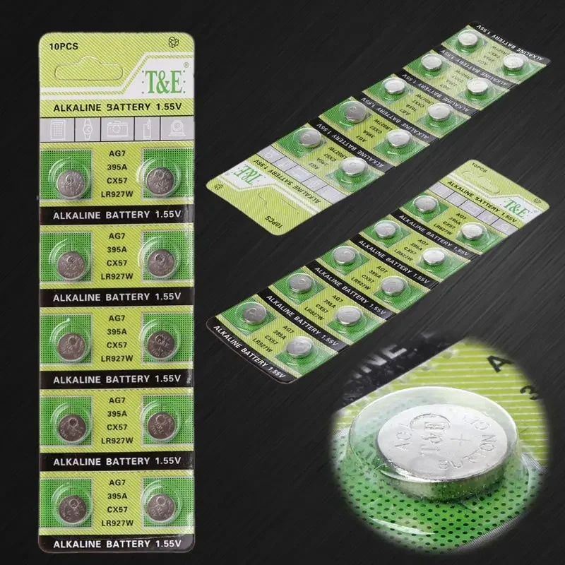 Alkaline Button Coin Cell Battery AG7 1.55V 10PCS, LR927 LR57 SR927W 399 GR927 395A Replacement For Watch Clock Electronics