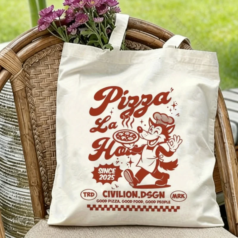 

1PC Retro Pizza Wolf Chef Print Lightweight Canvas Shoulder Bag for Daily Use