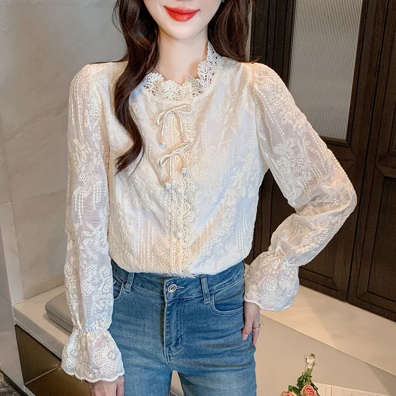 Fashion Long Sleeve Bow Women Shirt Lace Ruffled Shirt Blouse Women Tops Camisas Blusas Camisas De Muje Blusas Para Mujer M649