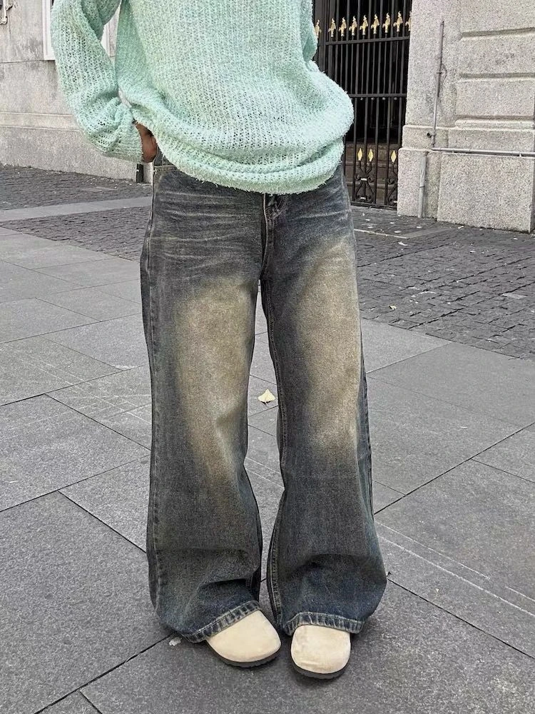 Damskie Retro Niebieskie Jeansy z Wysokim Stanem i Szerokimi Nogawkami, Luźne Spodnie w Stylu Cool Girl Streetwear, Damskie Codzienne Denimowe Spodnie Baggy