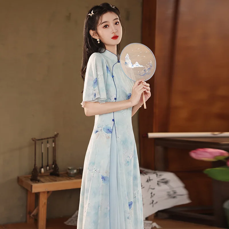 Spring and Summer New Women's Wedding Dress Improvement Retro Literature Fashion Fashionable New Chinese Qipao Printed Dress