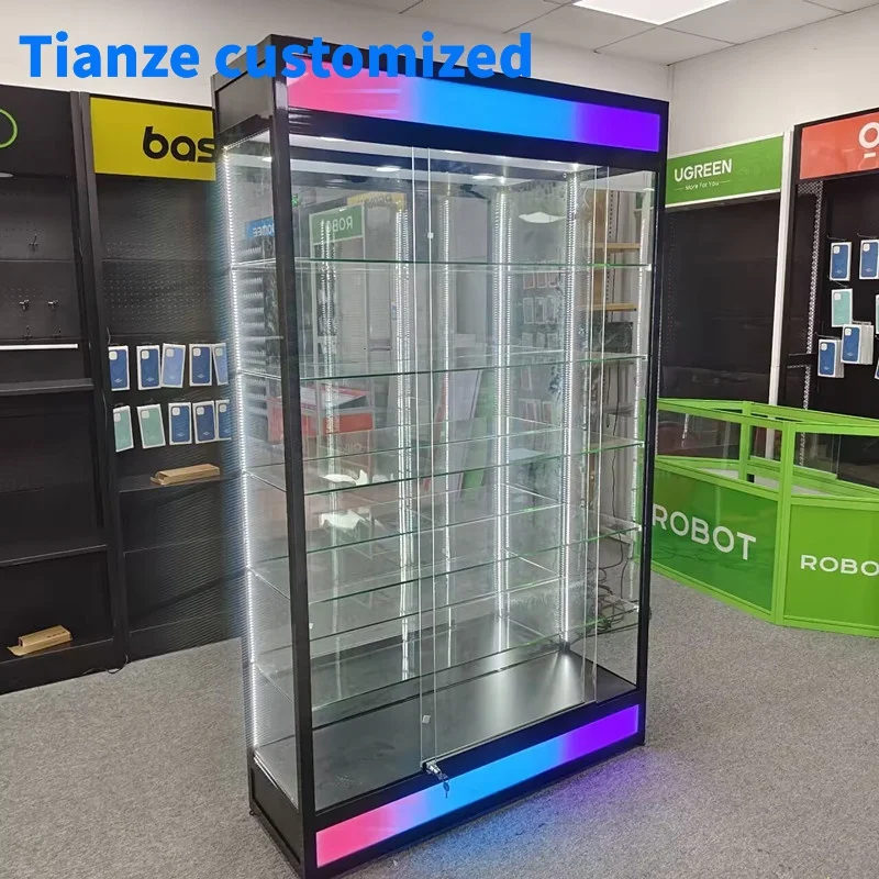 

(customized)New Design Smoke Store 5 Glass Shelves Wall Cabinet Glassware Display Showcase with Flash Light