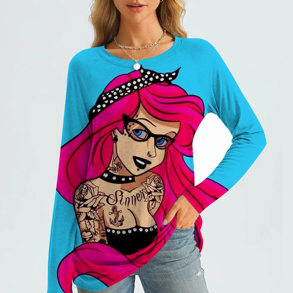 

Women's Summer T-shirt, Fashionable And casual, Versatile For Daily use, Round Neck Long Sleeved T-shirt, Disney Princess Top