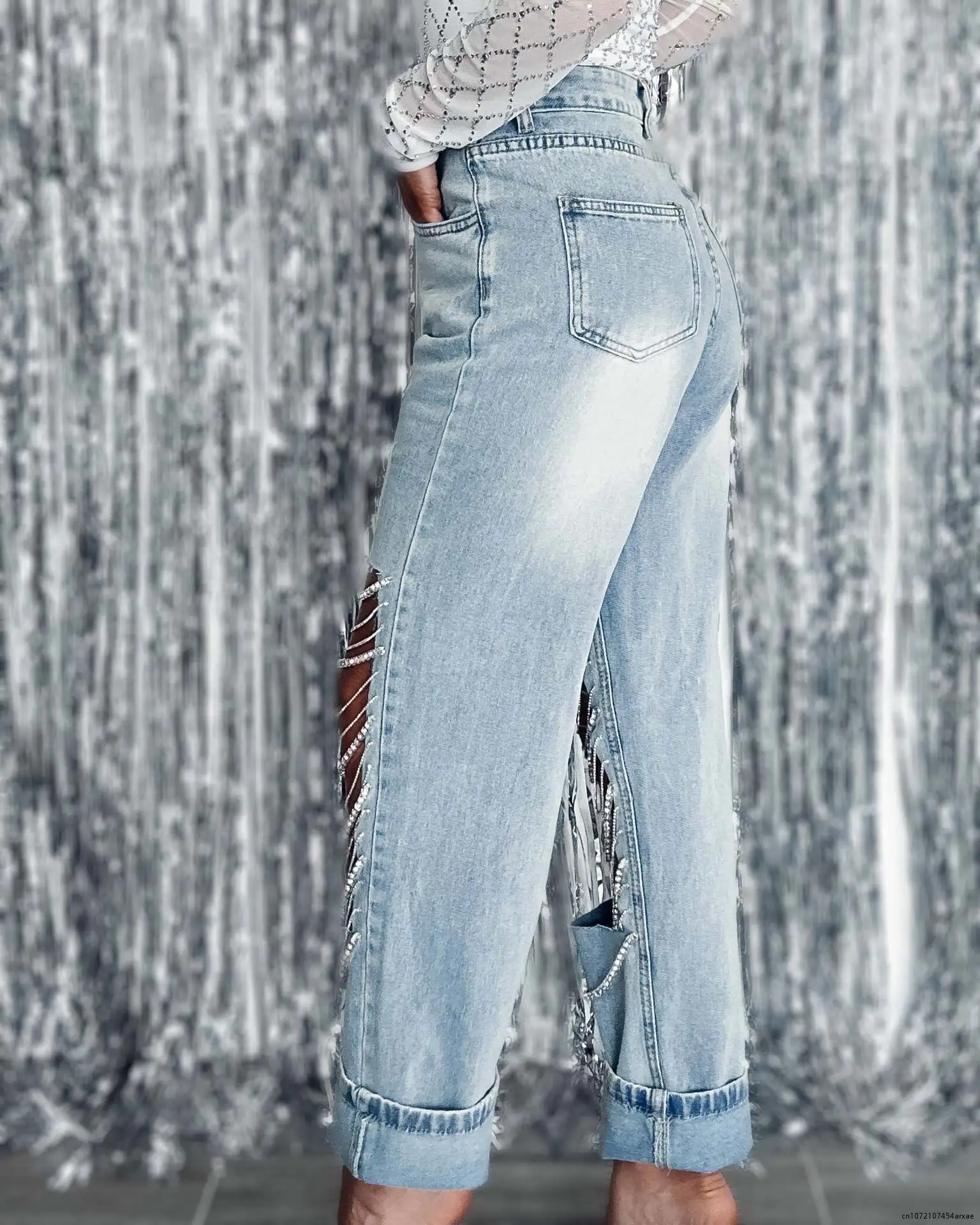 Rechte Jeans Broek Vrouwen Lente Zomer Gaten Diamond Rhinstones Effen High Street Hoge Taille Katoenen Denim Broek