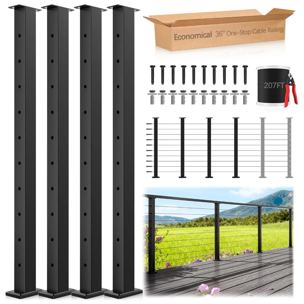 Economical Black Cable Railing System for Decks, 12-20FT, 36 Inch Posts, 4-Level, SST304 U Stainless Steel Kit