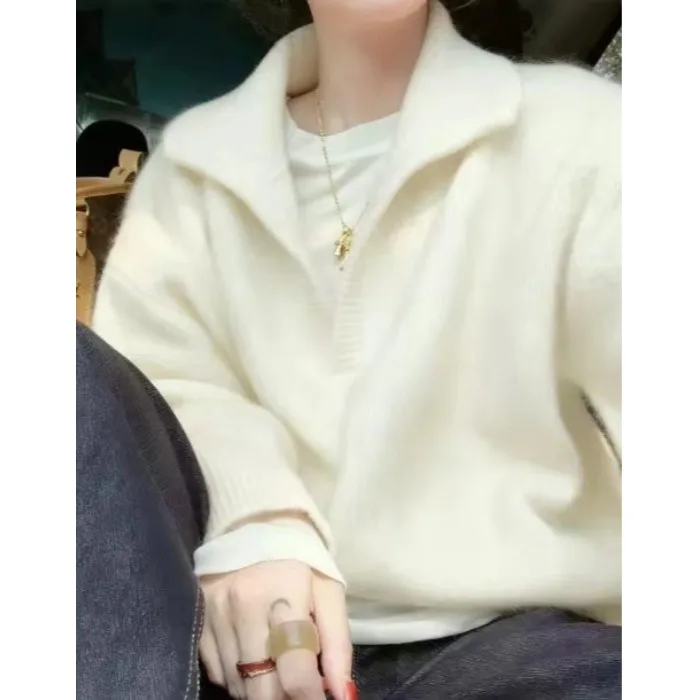 سترة نسائية محبوكة من Thiened بياقة واقفة كسول ملابس خارجية شتوية أنيقة ناعمة طويلة Sve لون عادي مناسب #3