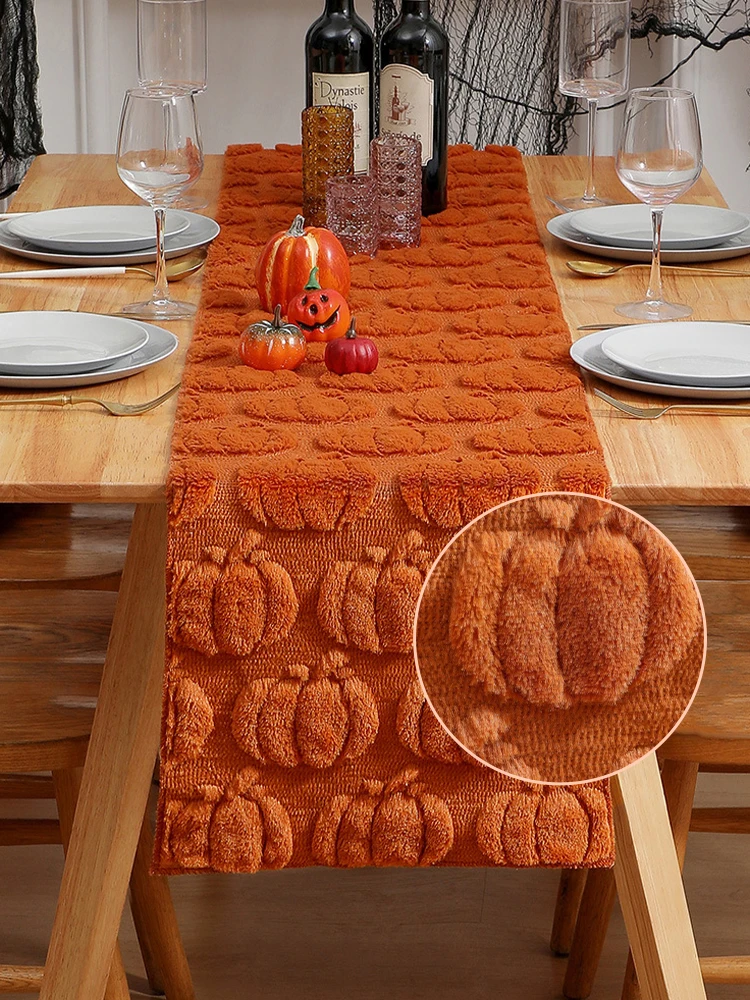 Thickened  Pumpkin Table Runner,Black Eye-Ghost Three-Dimensional Embroidered,Holiday Dining Table Decoration for Parties