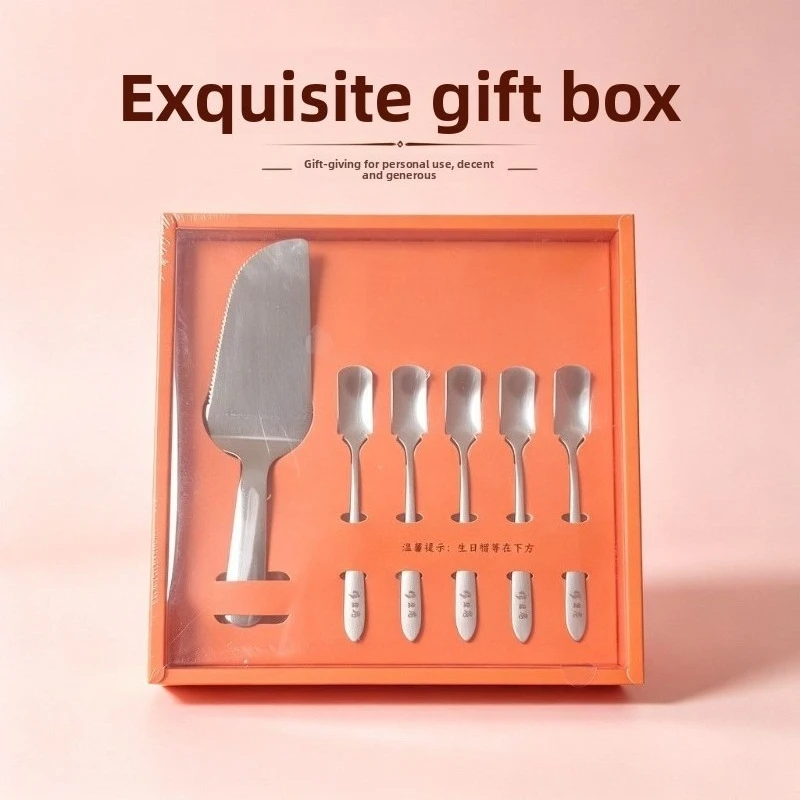 Stainless steel tableware box set, cake, knife, fork, spoon, wipes, matches, candles, birthday hats, seven-piece gift box.