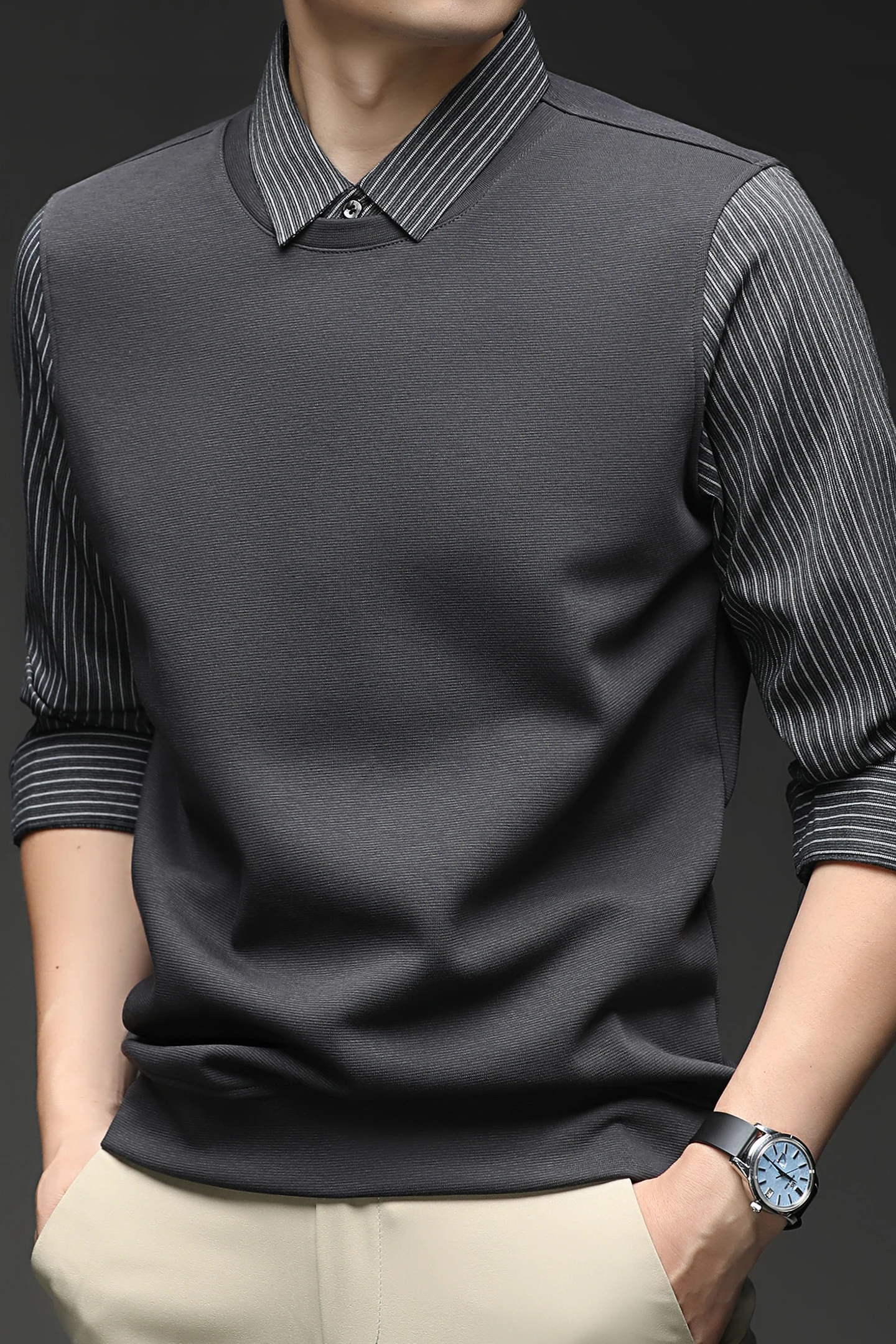 2026 Autumn New Style Men's Business Casual Multi-Purpose Long-Sleeved Fake Two-Piece Striped Sleeves