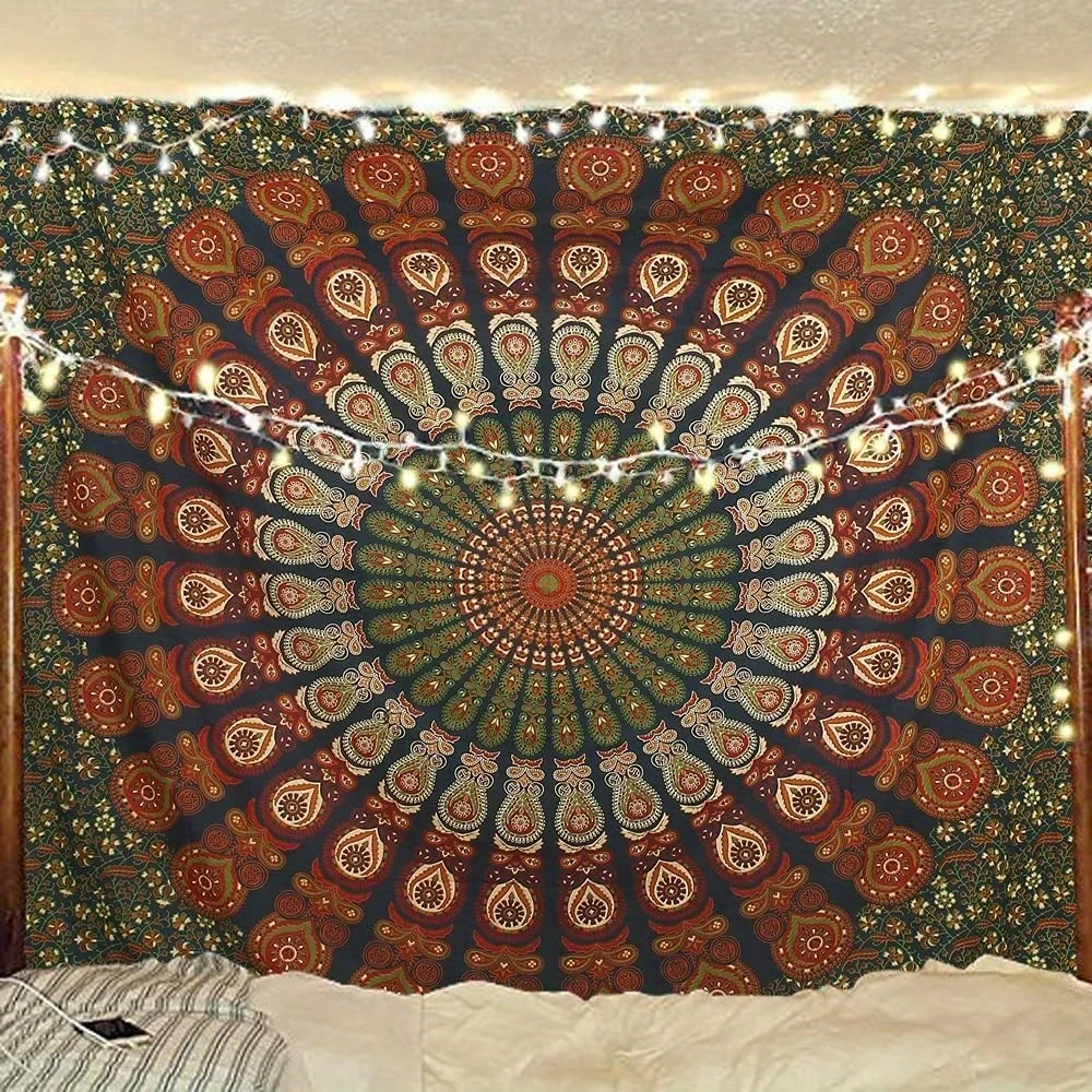 1 unidad de tapiz floral circular rojo y verde para sala de estar, dormitorio, oficina, decoración del hogar y fondo para fiesta