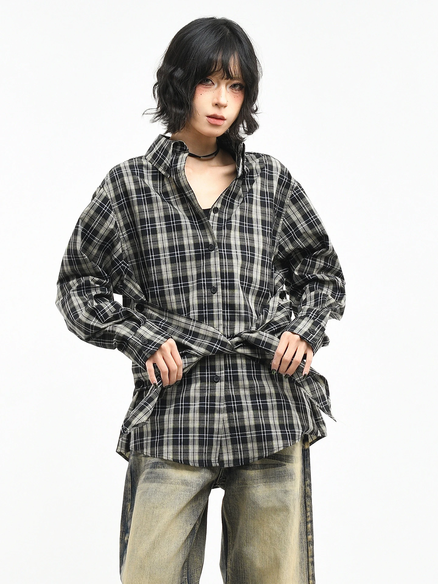 

Оригинальная американская ретро-рубашка OV в клетку с эффектом тай-дай, свободного кроя, модная брендовая весенняя рубашка для пар, из смесового хлопка