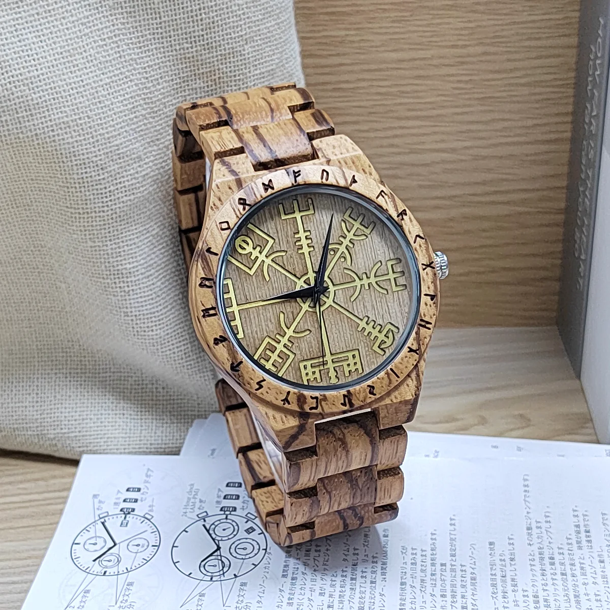 Men\'s Wooden Wrist Watches Viking Symbol Element Clock Personalized Anniversary Gift for Husband Man Wood Quartz Wristwatches