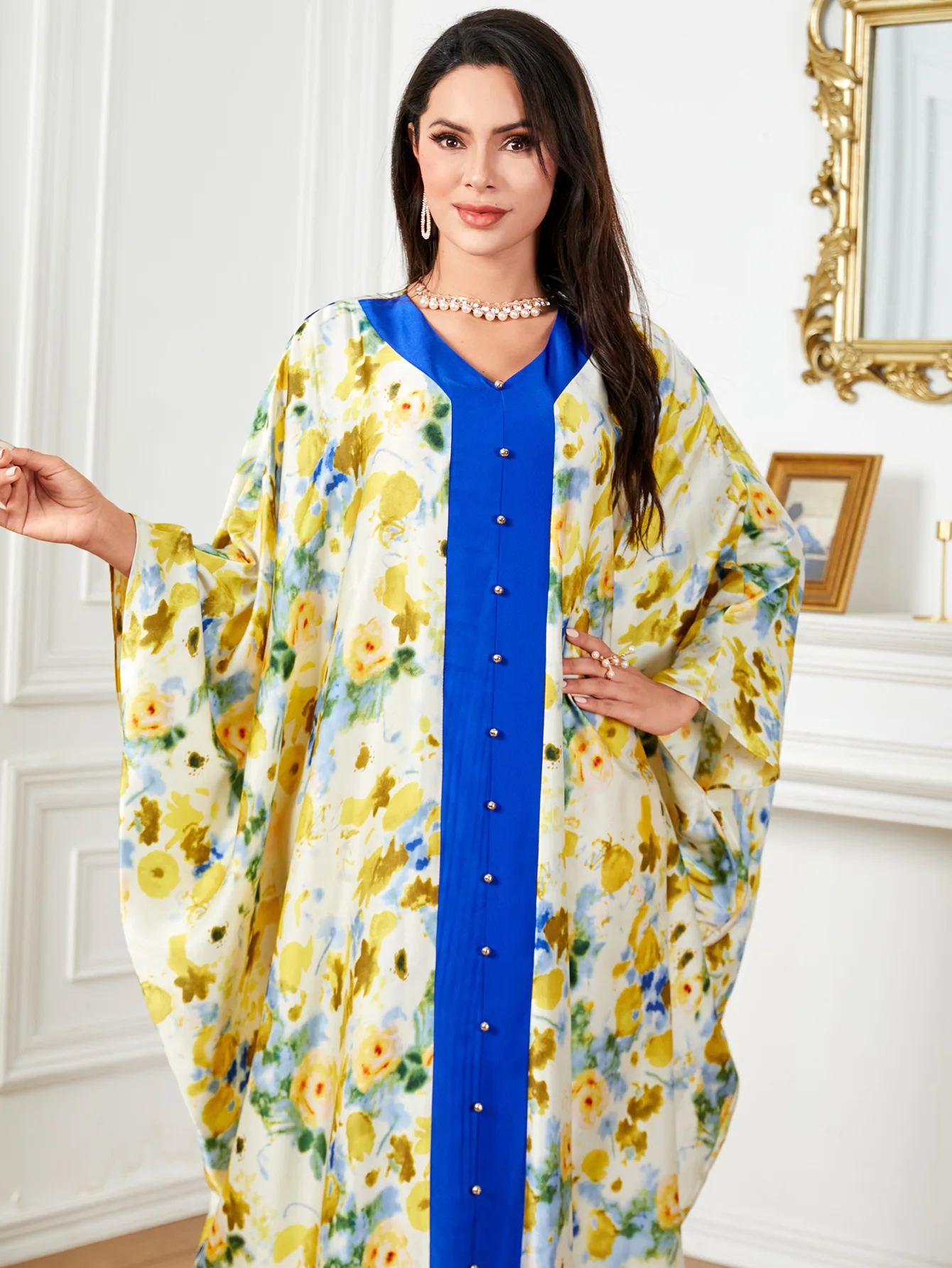 

Morocco Kaftan Women Floral Print Satin Maxi Dress Bead Split Hem Abaya Djellaba Turkey Caftan Arabic Robe Dubai Abayas Jalabiya