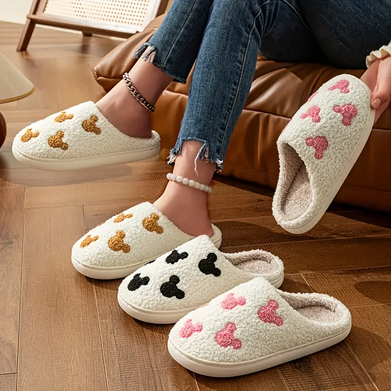 Cozy Winter Cartoon Bear Slippers for Women Casual Plush Warm House Shoes Soft Non-Slip Cotton Indoor Couples Slides TPR Sole