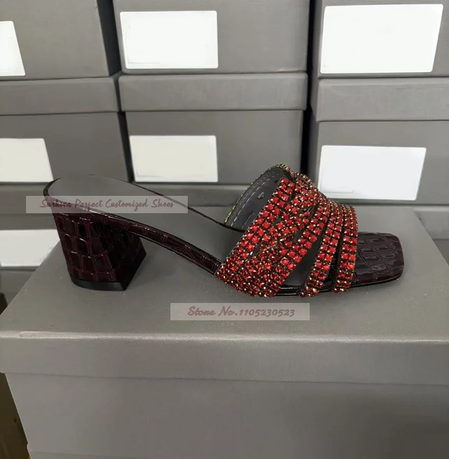 Burgundy Crocodile Chunky Heel Square Toe Mules Red Gold Bling Bling Crystal Strappy Modern Slippers Glitter Rhinestone Sandals