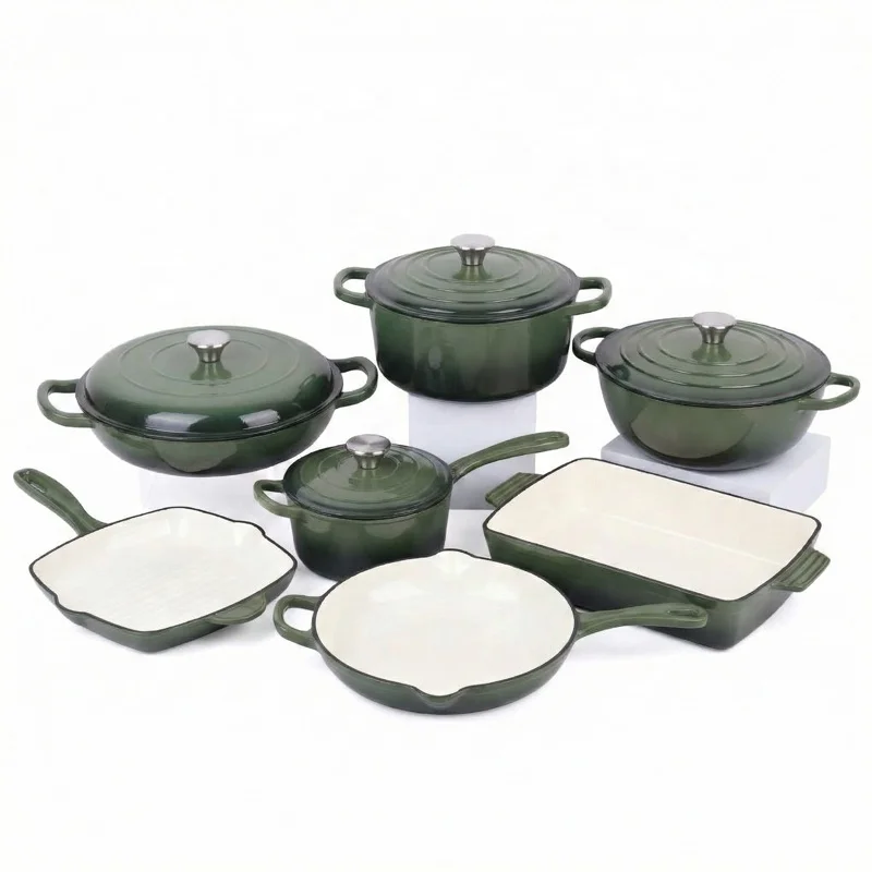 Custom Logo Lead-Free Chrome-Free Non-Stick Enamel Coated 11-Piece Classic Eco-Friendly Cast Iron Cookware Set Oven Dishwasher
