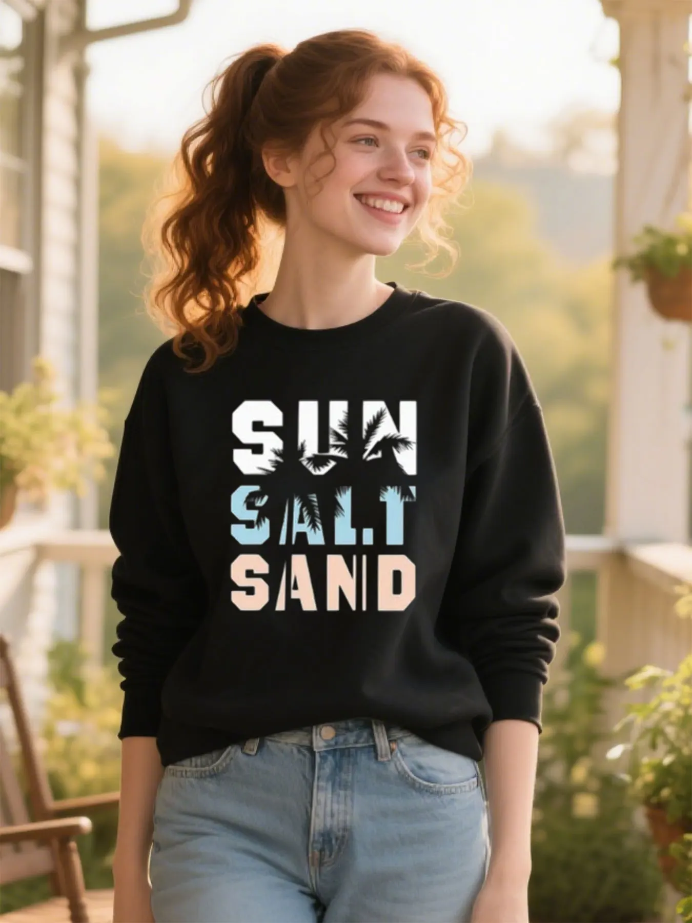 

Soft Cotton Crewneck Sweatshirt With SUN SALT SAND Tropical Print Comfortable Casual Birthday Gift​