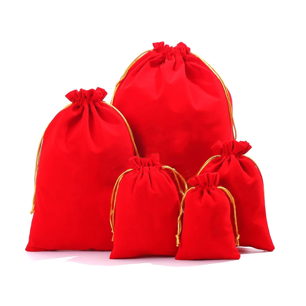 50pcs/lot Jewelry Packaging Bag 10x15 13x18 15x20 20x30cm Red Velvet Drawstring Pouches Gift Storage Bags Custom Logo Printed