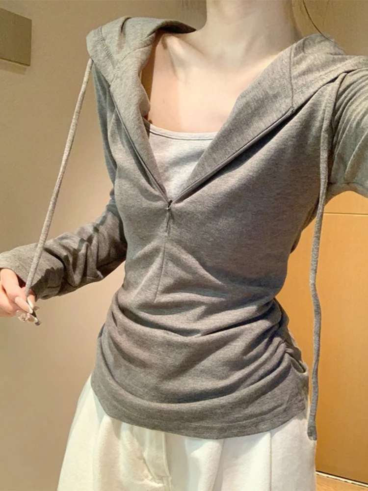 Korean Fashion Inner Drawstring T-shirt Women Grey Elegant Fake Two Piece Hooded Long Sleeve Base Shirt Autumn Casual Slim Tops