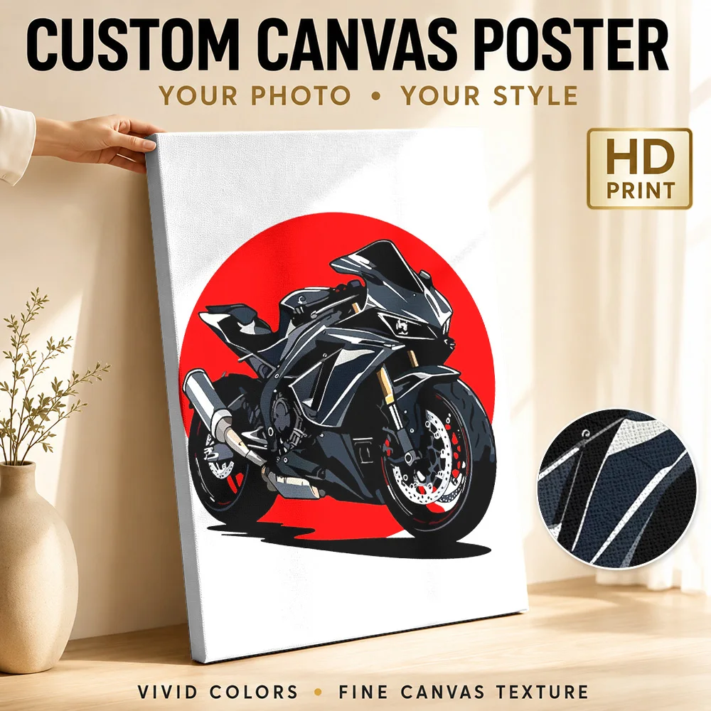 Black Motorcycle With Red Circle Framed Canvas Poster Customized Photo Bold Contours And Flat Colors Wall Art For Home Study