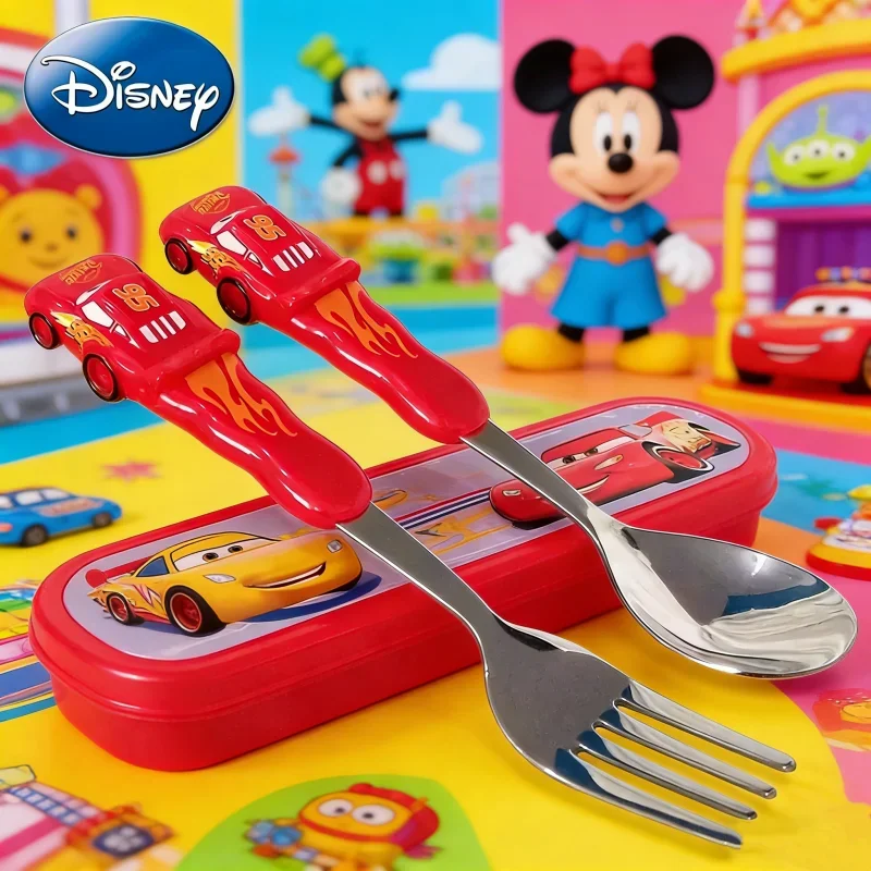 Juego de vajilla de dibujos animados para niños, tenedor y cuchara de acero inoxidable 304 de Disney Lightning McQueen con estuche de transporte, regalo de vajilla para niños