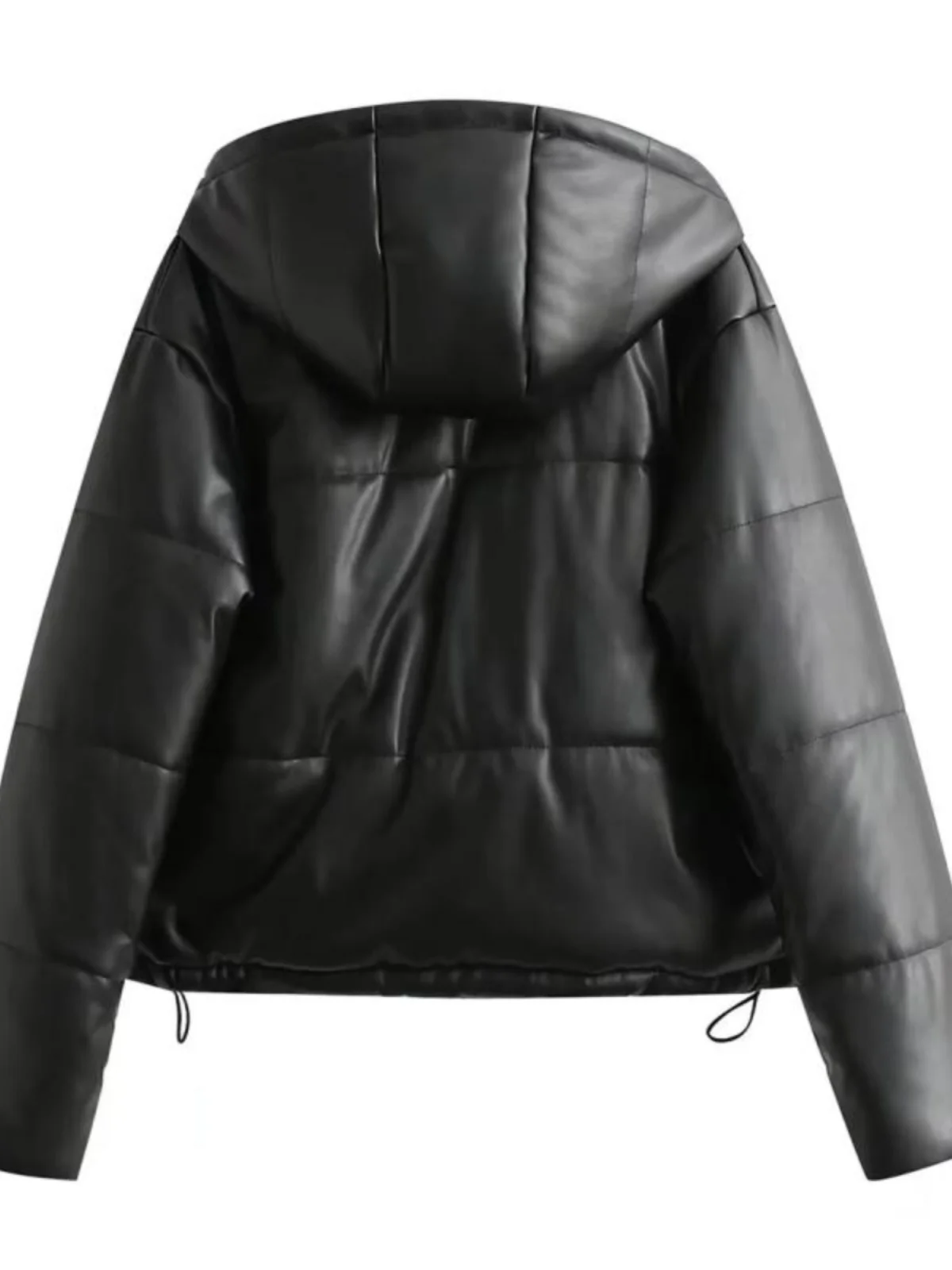 Women's Loose PU Leather Jacket Thickened Windproof Hooded Casual Cotton Winter Coat Street Style Zipper Closure Regular Length