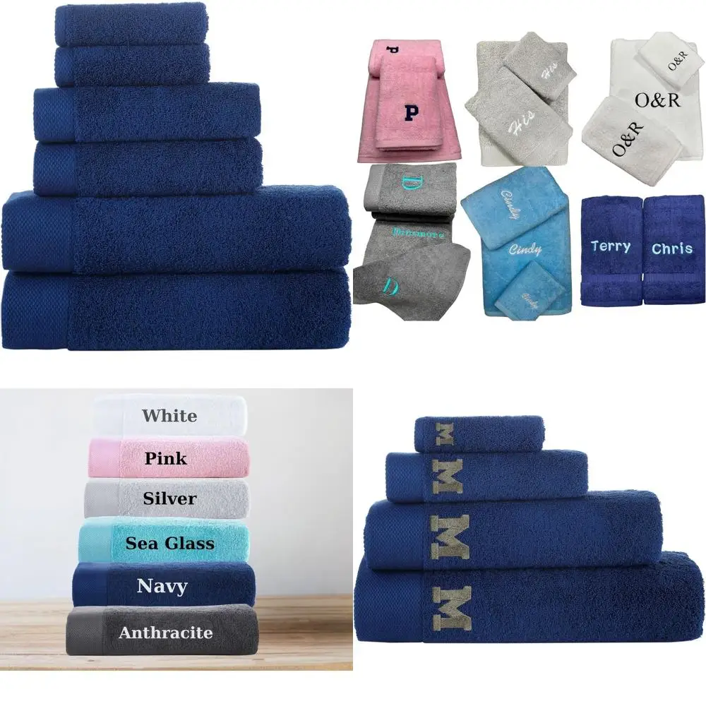 

Набор хлопковых полотенец с вышитыми инициалами - 6 штук, темно-синие банные полотенца для новоселья