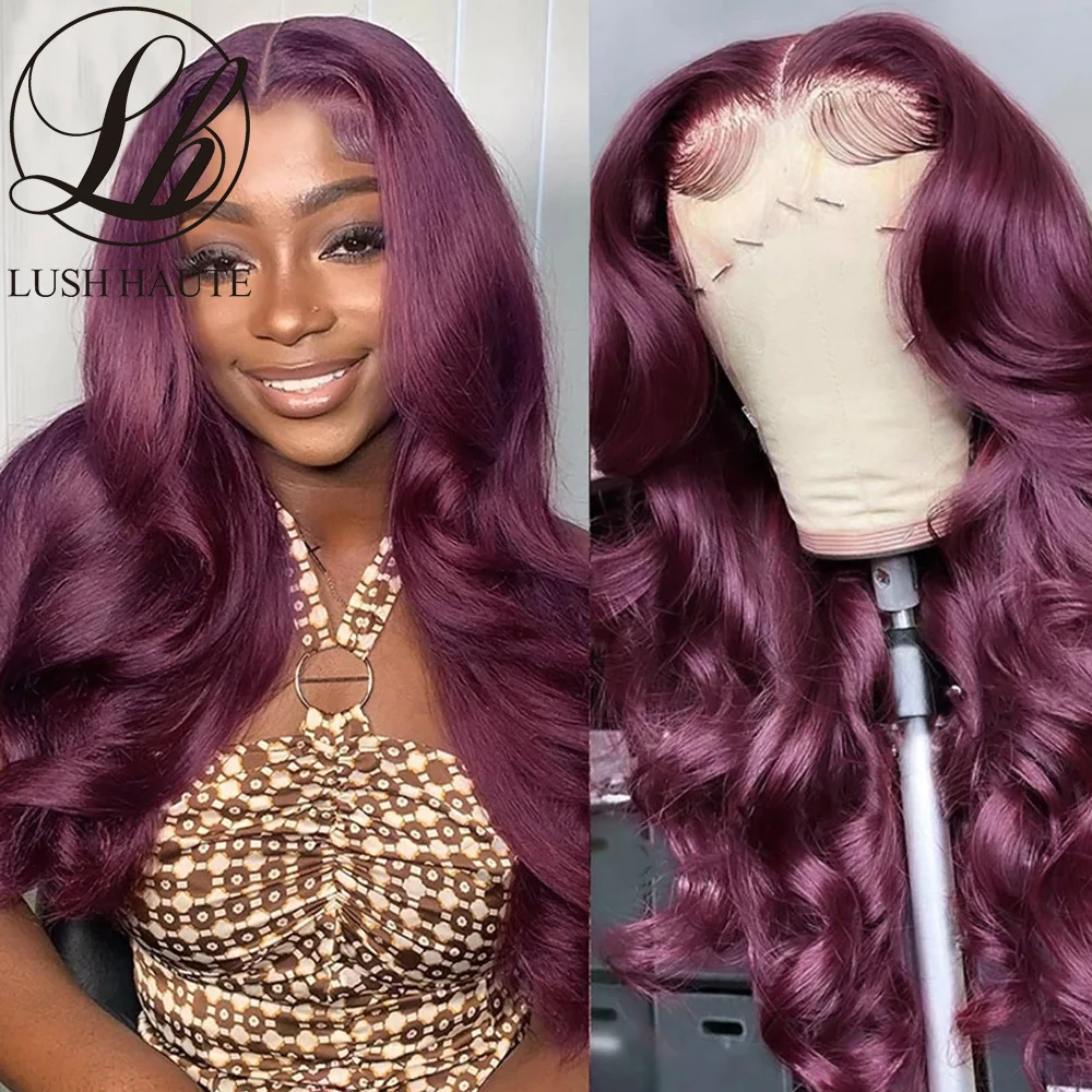 Synthetic Dark Burgundy Lace Wig Dark Purple Pure Colored Body Wave T Part Lace Wig For Women Pre Plucked With Baby Hair Cosplay