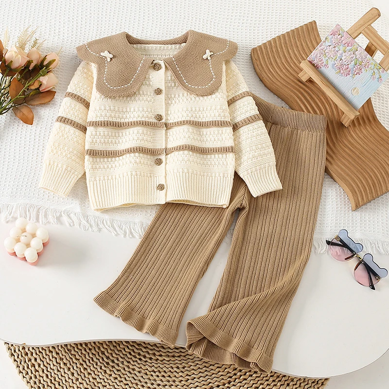 2025 New Autumn Winter 2-6Yrs Baby Girls Clothing Set Long Sleeved Knitted Cardigan Coat+Pants Children Knitted Clothes Suit