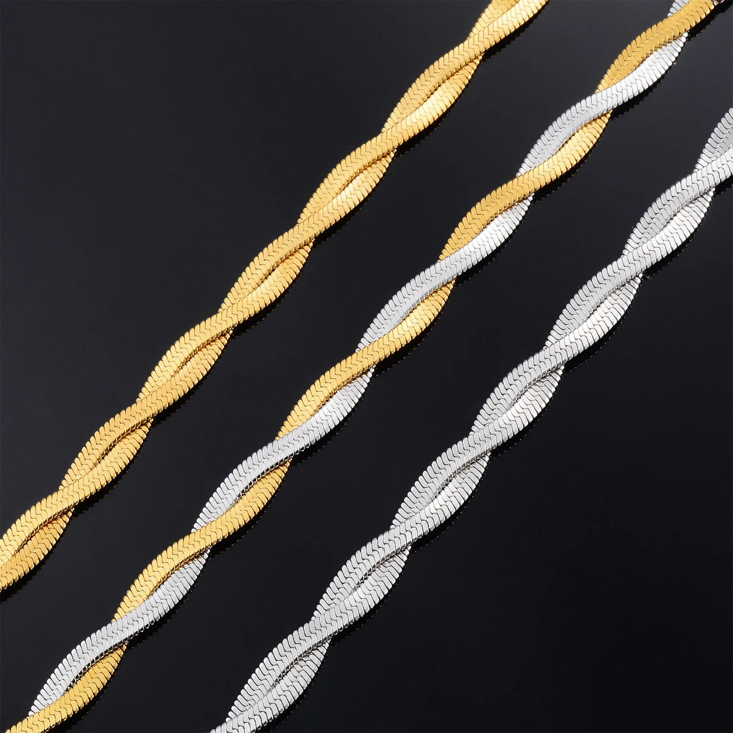 2mm 2,5mm 3mm Doppel-Halskette Choker Unisex Flache Schlangenkette Edelstahl Fischgrät-Kette Goldfarben Modeschmuck – Detail 5