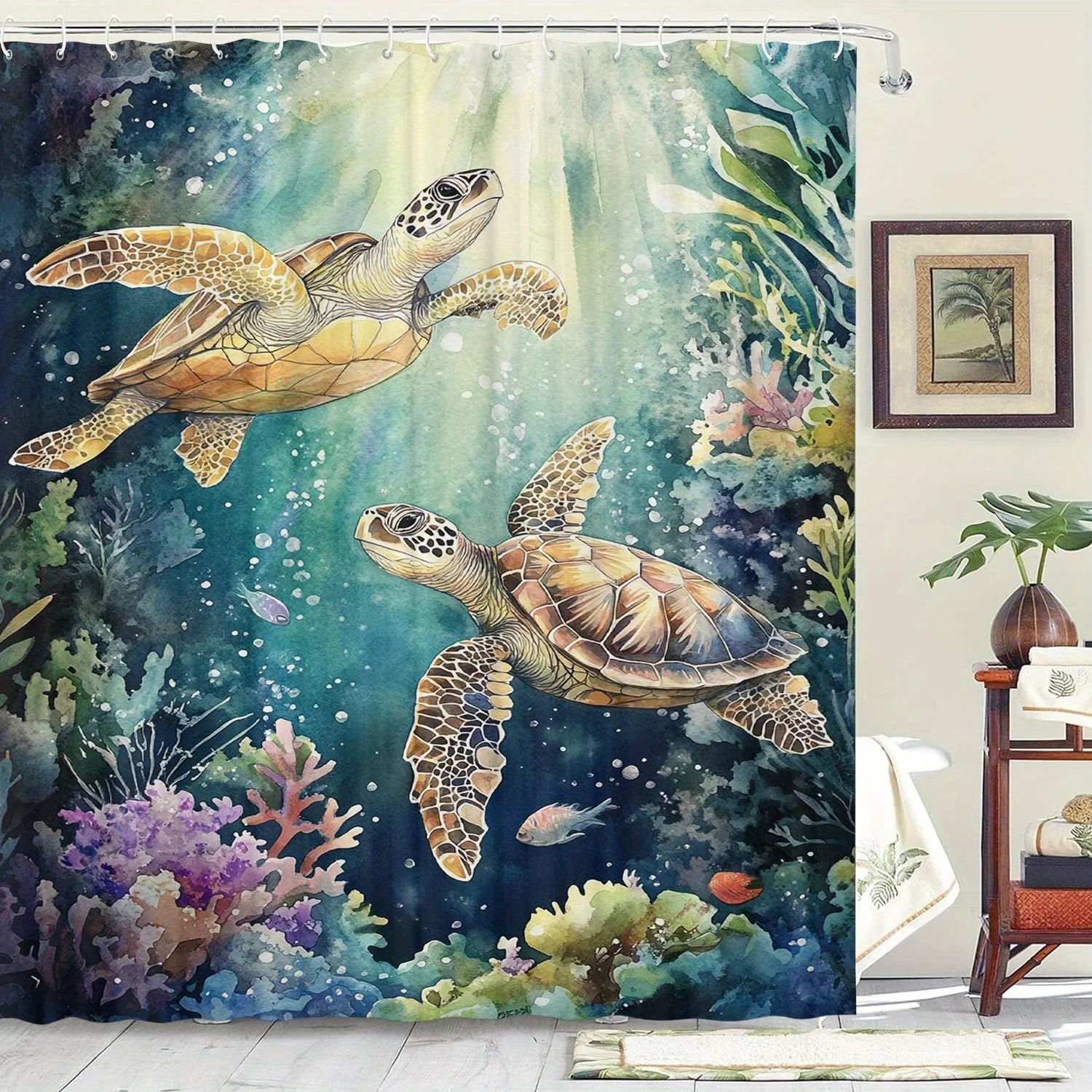 Sea Turtle Ocean Shower Curtain, Coral Reef Underwater Waterproof Bath Curtain, Marine Life Bathroom Decor Art