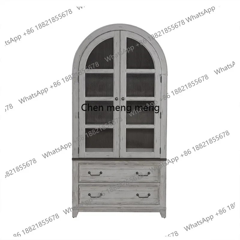 American retro old solid wood arched dining side wine cabinet living room oak double door display glass bookcase