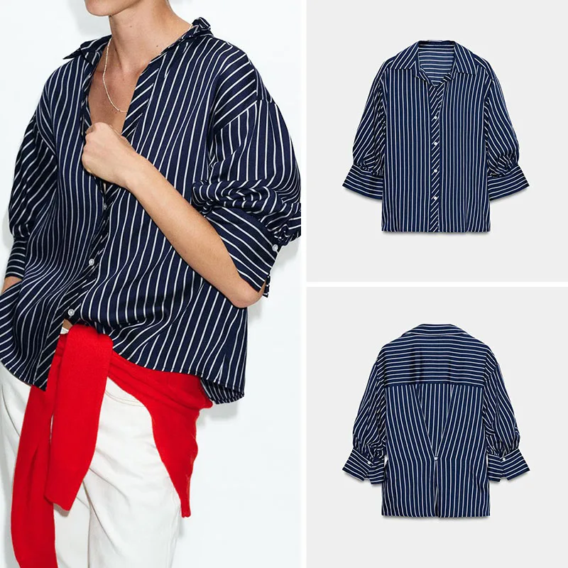 

Весенняя новинка: Женская повседневная свободная блузка с пышными рукавами, в полоску, с длинным рукавом, отложным воротником ZA2026, этнический сценический костюм