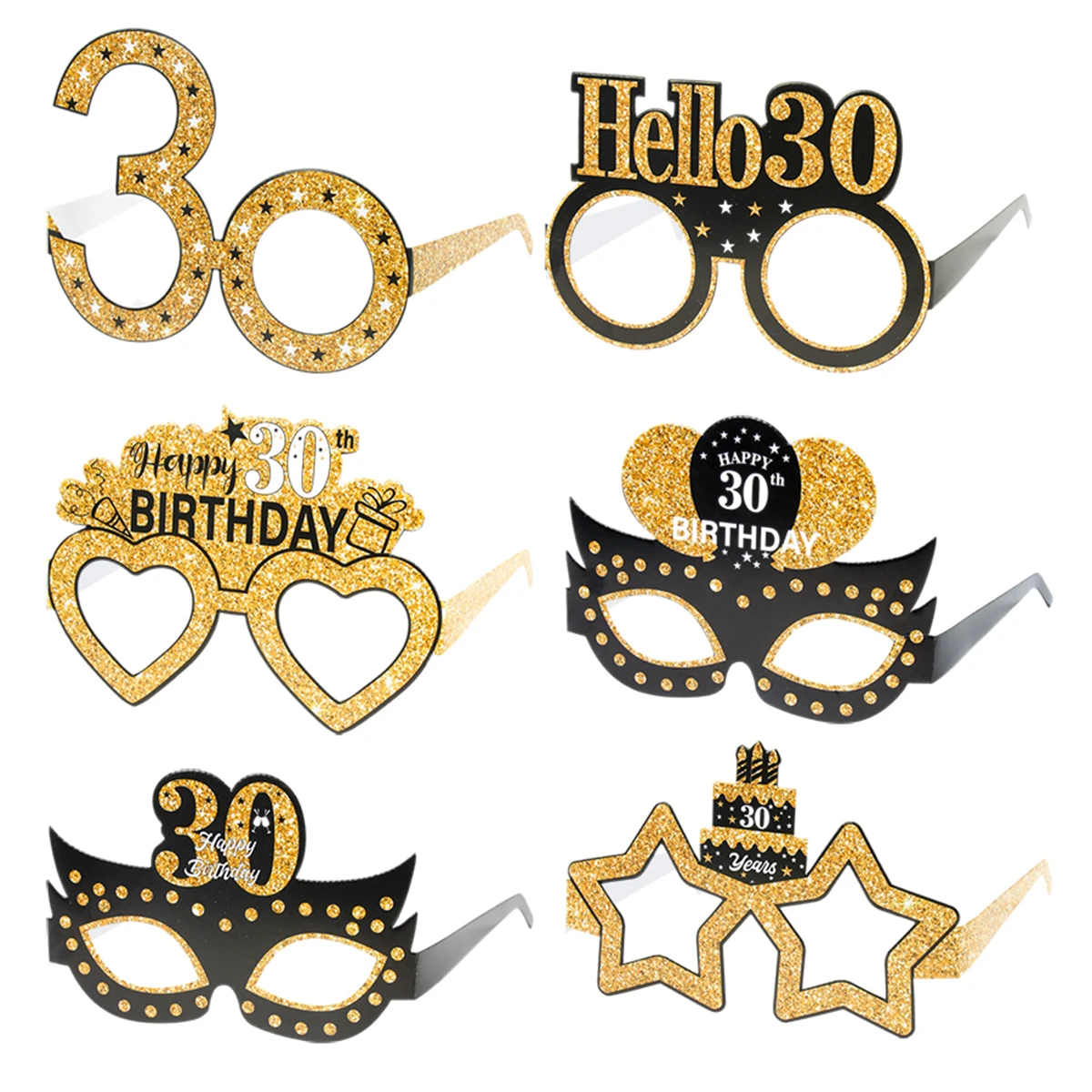 6pcs/Set 30th 40th 50th Birthday Party Paper Glasses Black Gold Happy Birthday Party Decoration 30 40 50 60 70 Year Photo Prop