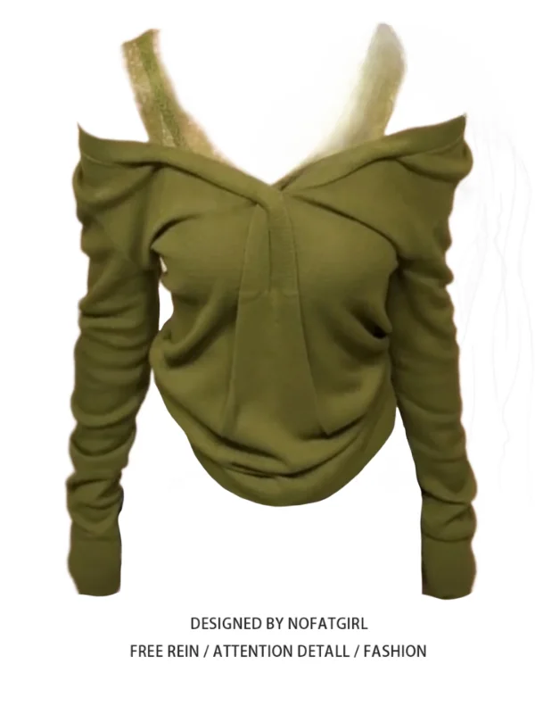 

plus Size oulder Bared Long Sve Knitted Sweater Women's Slim Fit Inner Wear Top Korean Sle Commute Pure Color Design