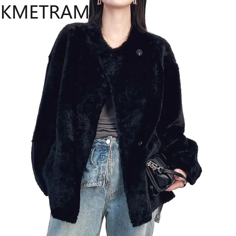 

KMETRAM Natural Sheepskin with Wool Attached Coat Loose Black Real Fur Jacket Woman Clothing Winter New in Coats шуба женская