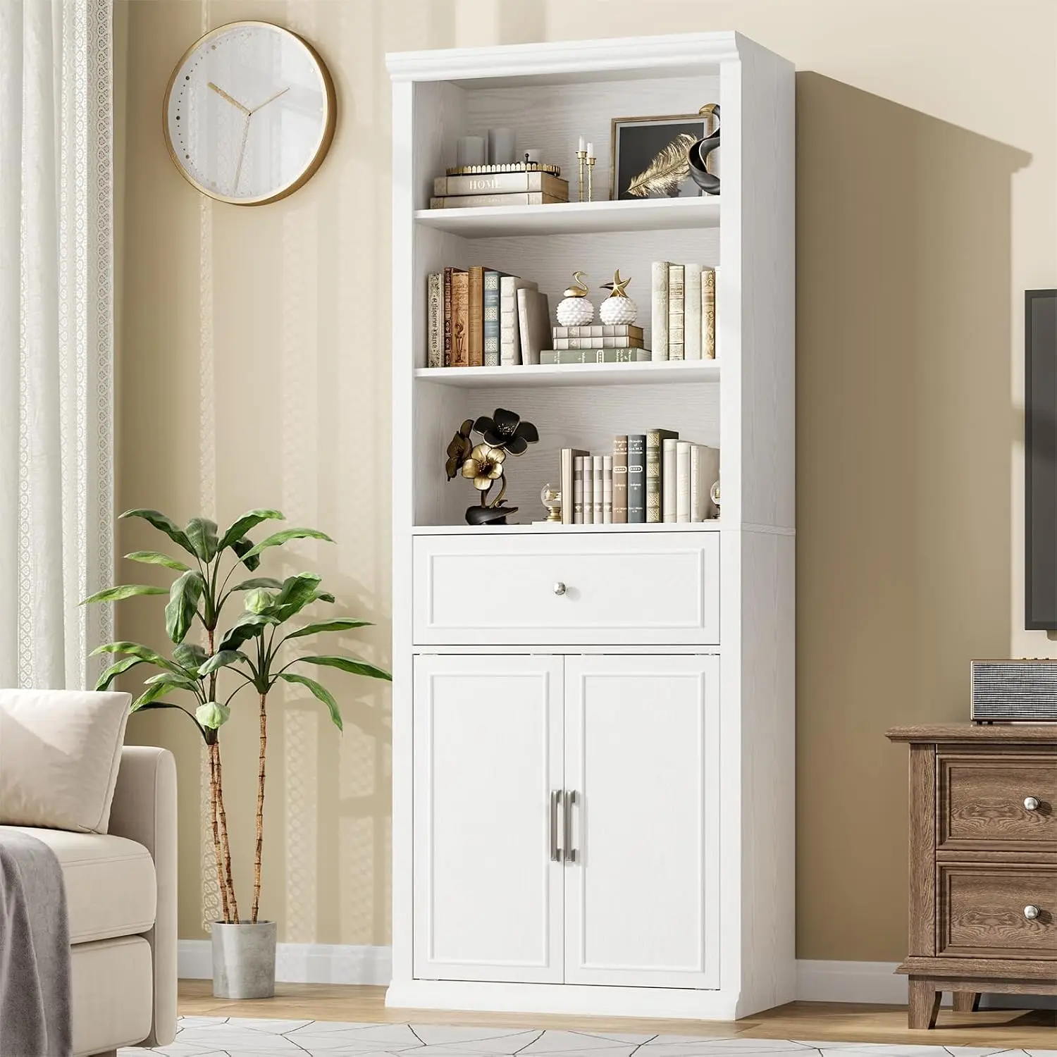 White 6-Tier Bookshelf with Doors & Drawers, 72 Inch, Customized