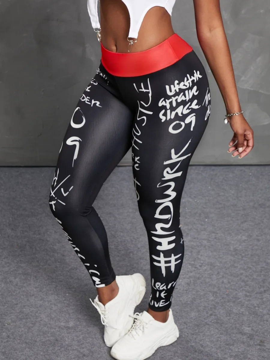 

LW Letter Print High Stretchy Leggings Women Casual Slim Yoga Sheath Skinny Basic Knitting Daily Sporty Pencil Pants