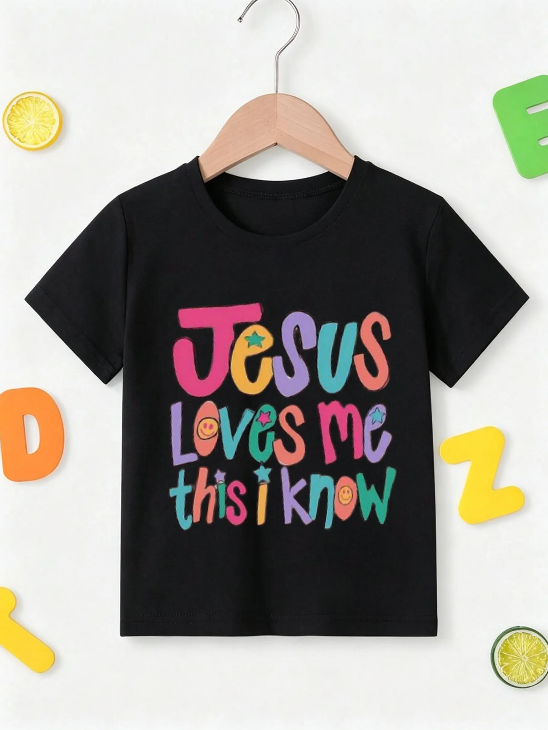 Girls' Short Sleeve T-Shirt Jesus Loves Me This I Know Rainbow Wavy Letter Smiley Star Religious Kids Top Fashion Vintge Tee Top