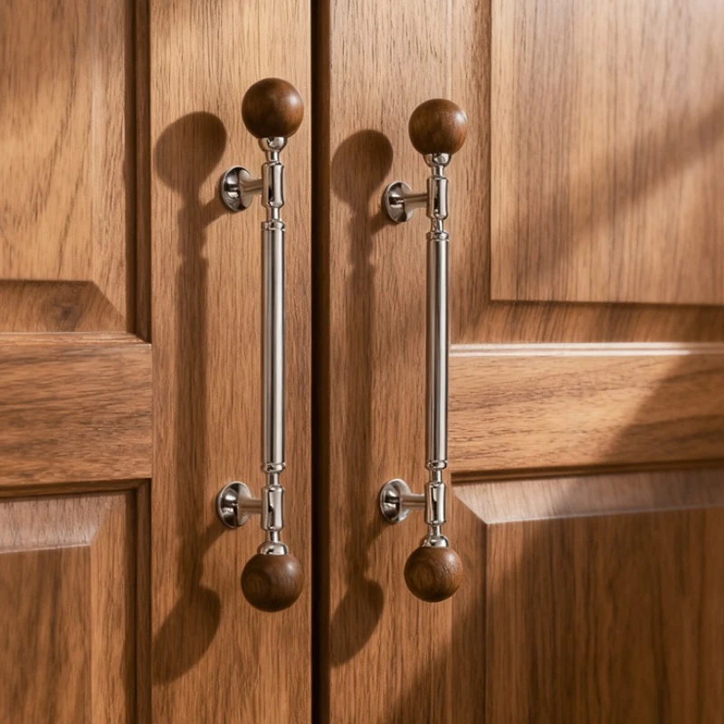 Luxuriöser Türgriff aus Messing und Walnuss, Griffe und Knöpfe in glänzendem Silber für Küchenschubladen / Weißer Dekorativer Knopf – Detail 5