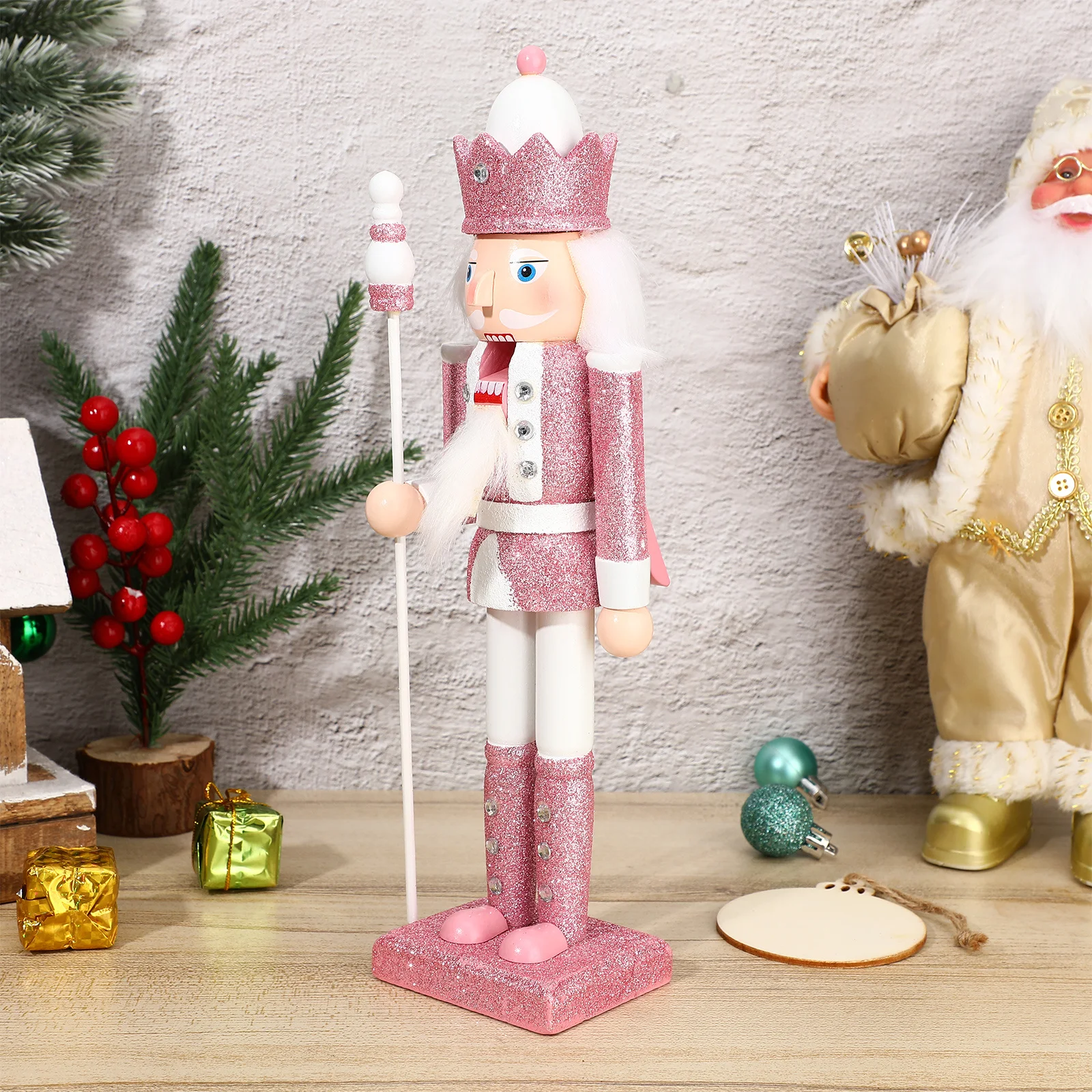 

Christmas Wooden Nutcracker Pink Ornament with Glitter Holiday Decor Traditional Craft Soldier Figure for Living Room Hallway